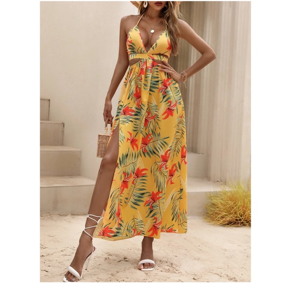 Yellow Boho Tropical Print Backless Maxi Dress V-Neck Floral Flared - Picture 5 of 9